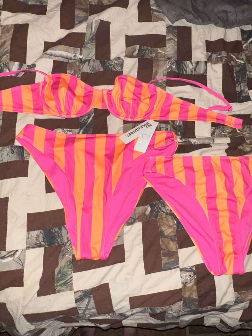 No Boundaries Neon Pink & Orange Striped Women's Bikini Set